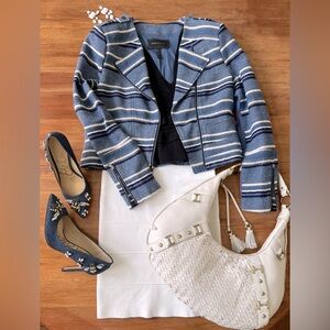 BCBG MaxAzria “Novak” Moto jacket in blue and white striped summer tweed.